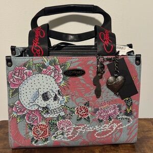 NWT Ed Hardy Pink Blue Floral Skull Tote with Black Handles